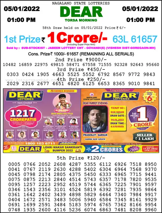 Lottery Sambad 1 PM result 05 Jan 2022