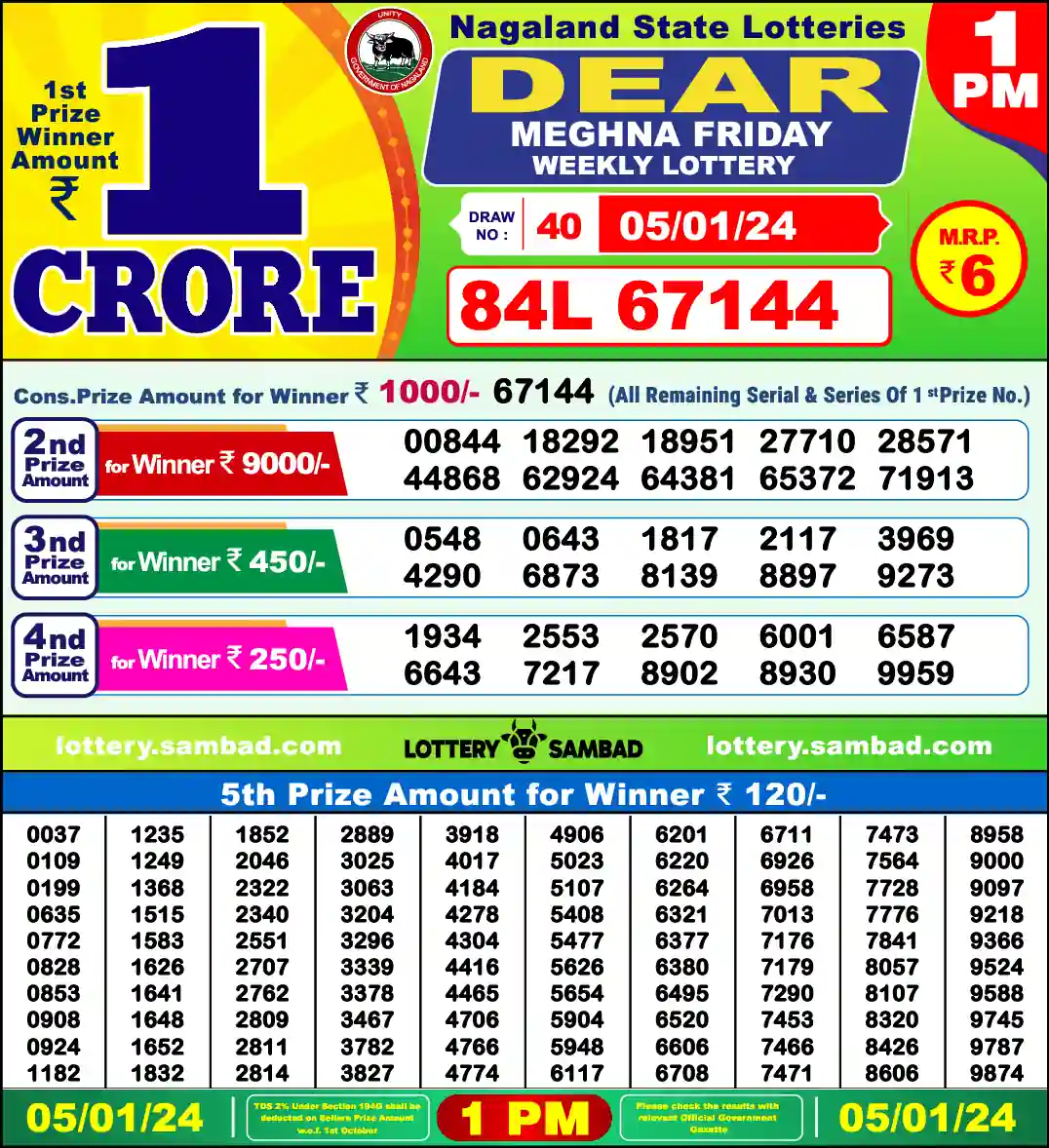 Lottery Sambad 1 PM result 05 Jan 2024