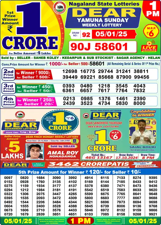 Lottery Sambad 1 PM result 05 Jan 2025