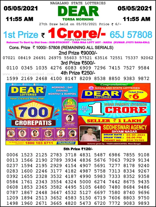 Lottery Sambad 1 PM result 05 May 2021