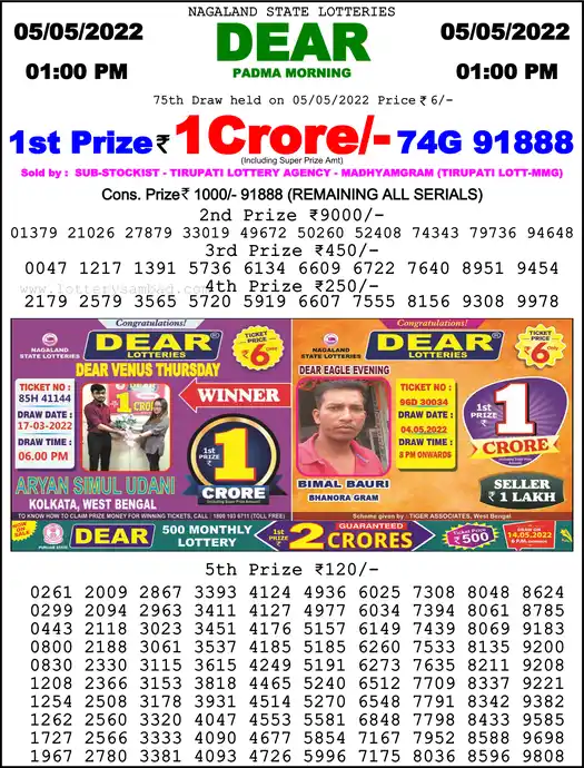 Lottery Sambad 1 PM result 05 May 2022