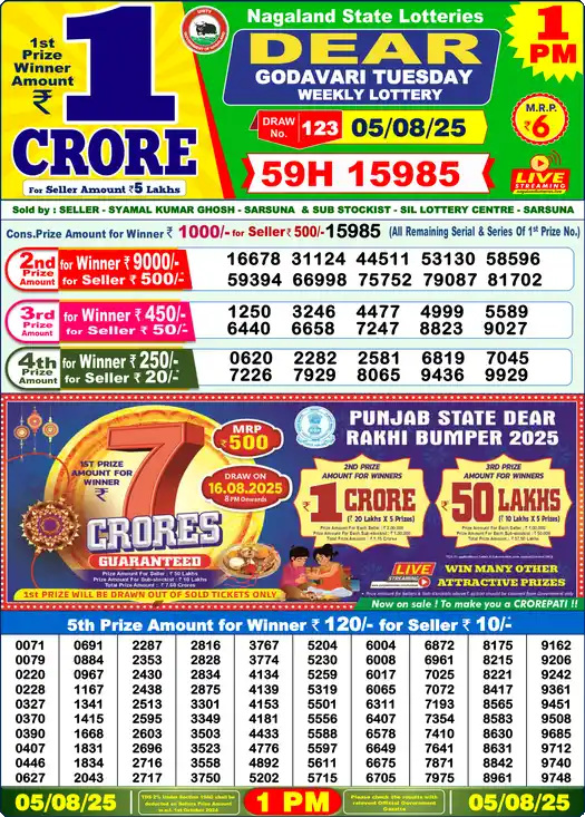 Lottery Sambad 1 PM result 05 Aug 2025