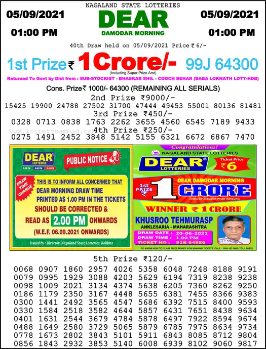 Lottery Sambad 1 PM result 05 Sep 2021