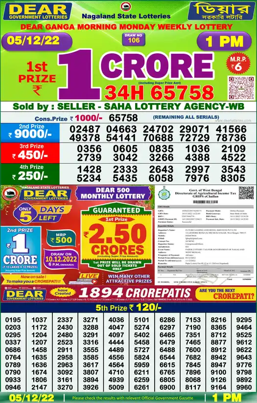 Lottery Sambad 1 PM result 05 Dec 2022