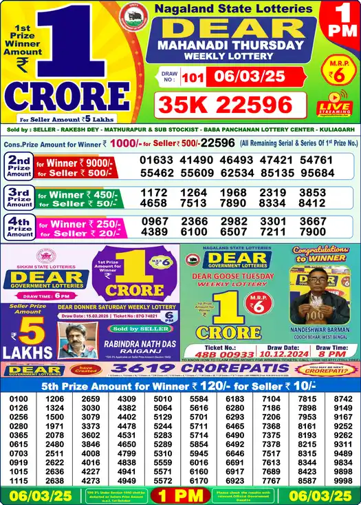 Lottery Sambad 1 PM result 06 Mar 2025