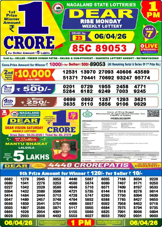 Lottery Sambad 1 PM result 06 Apr 2026