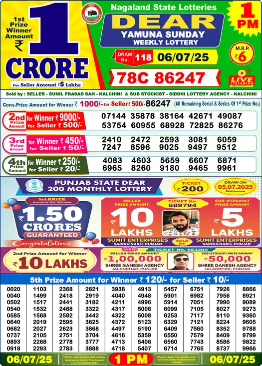 Lottery Sambad 1 PM result 06 Jul 2025