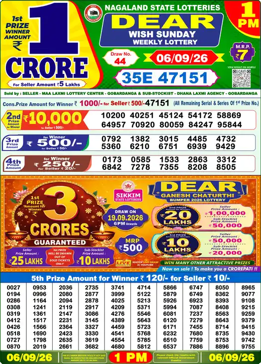 Lottery Sambad Today 1:00 PM Result 06 September 2026