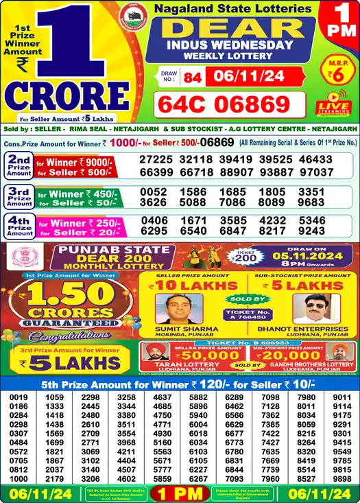 Lottery Sambad 1 PM result 06 Nov 2024