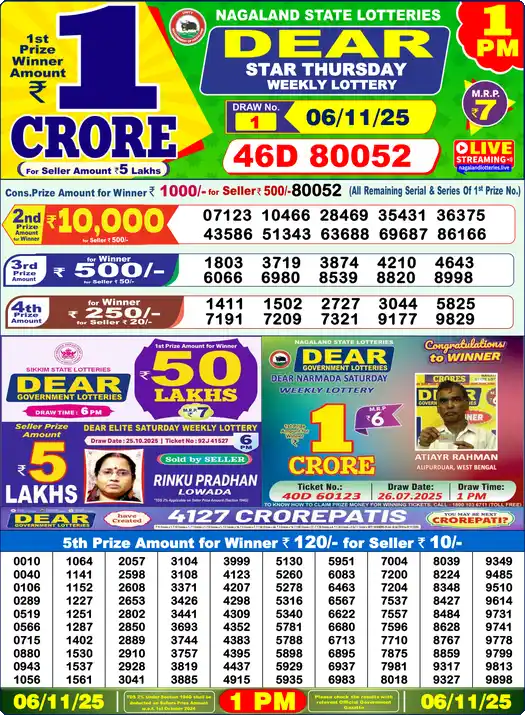 Lottery Sambad 1 PM result 06 Nov 2025