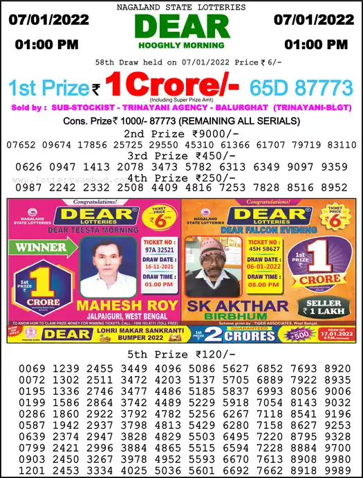 Lottery Sambad 1 PM result 07 Jan 2022