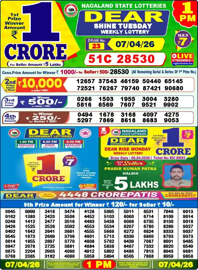 Lottery Sambad 1 PM result 07 Apr 2026