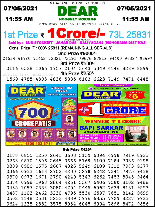 Lottery Sambad 1 PM result 07 May 2021