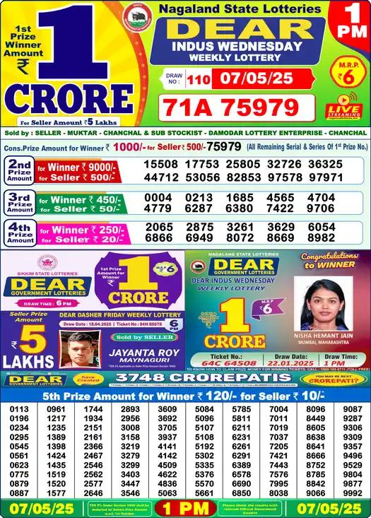 Lottery Sambad 1 PM result 07 May 2025