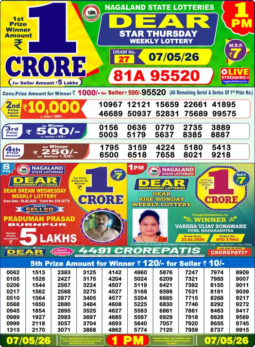 Lottery Sambad 1 PM result 07 May 2026