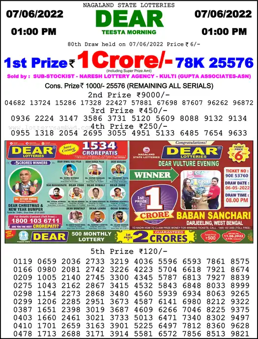 Lottery Sambad 1 PM result 07 Jun 2022