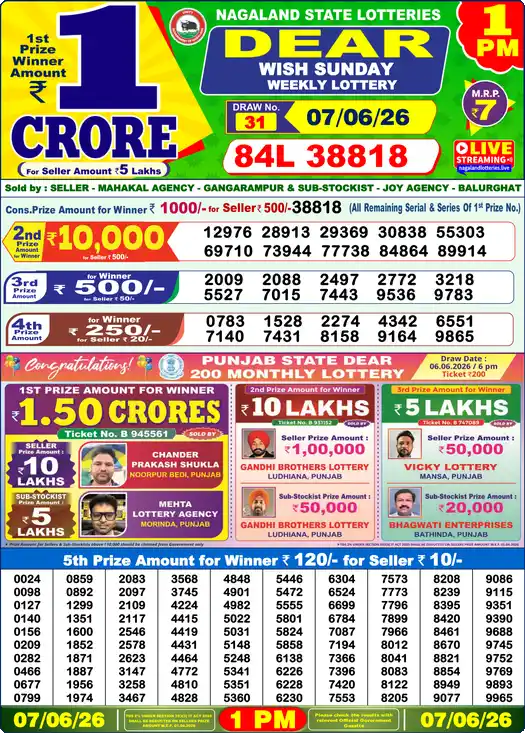Lottery Sambad 1 PM result 07 Jun 2026