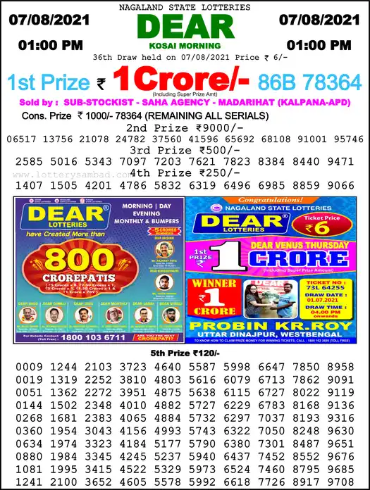 Lottery Sambad 1 PM result 07 Aug 2021