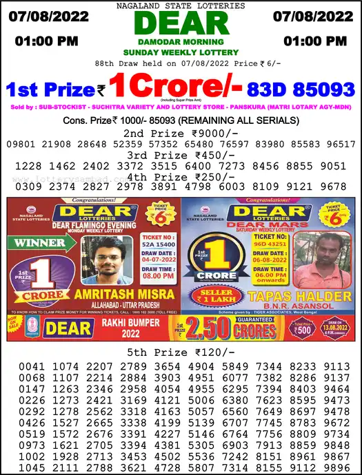 Lottery Sambad 1 PM result 07 Aug 2022