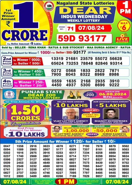 Lottery Sambad 1 PM result 07 Aug 2024