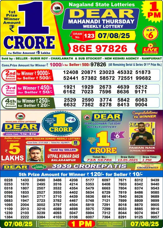 Lottery Sambad 1 PM result 07 Aug 2025