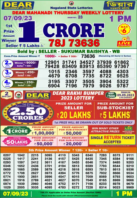 Lottery Sambad 1 PM result 07 Sep 2023