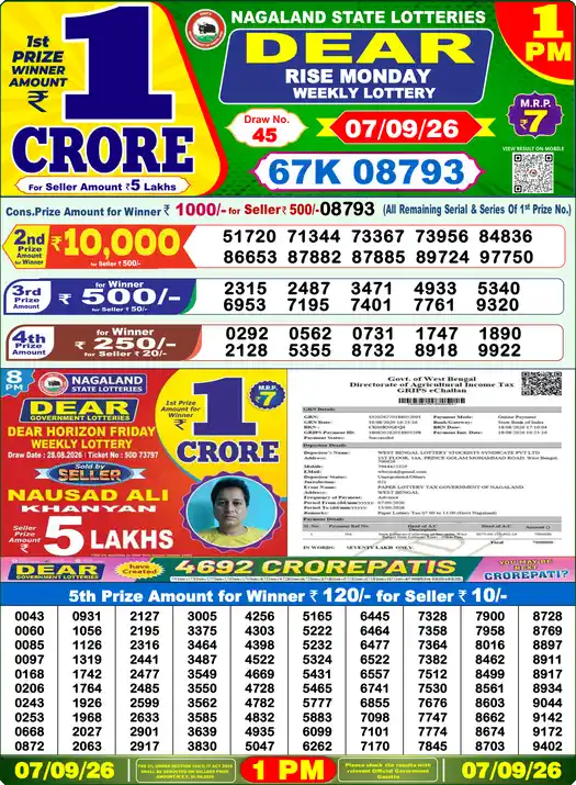 Lottery Sambad Today 1:00 PM Result 07 September 2026