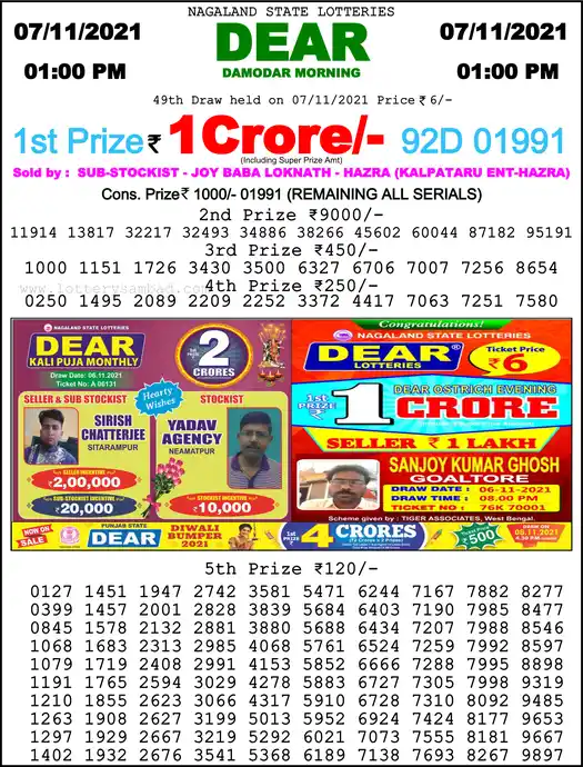 Lottery Sambad 1 PM result 07 Nov 2021