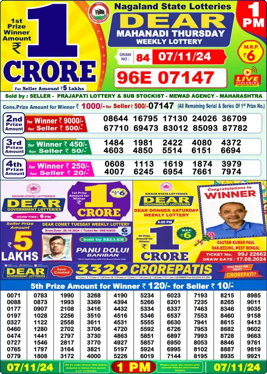 Lottery Sambad 1 PM result 07 Nov 2024