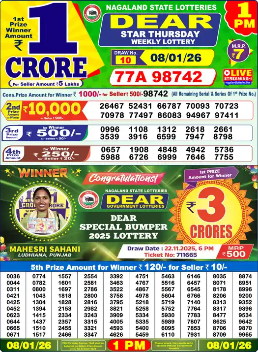 Lottery Sambad 1 PM result 08 Jan 2026