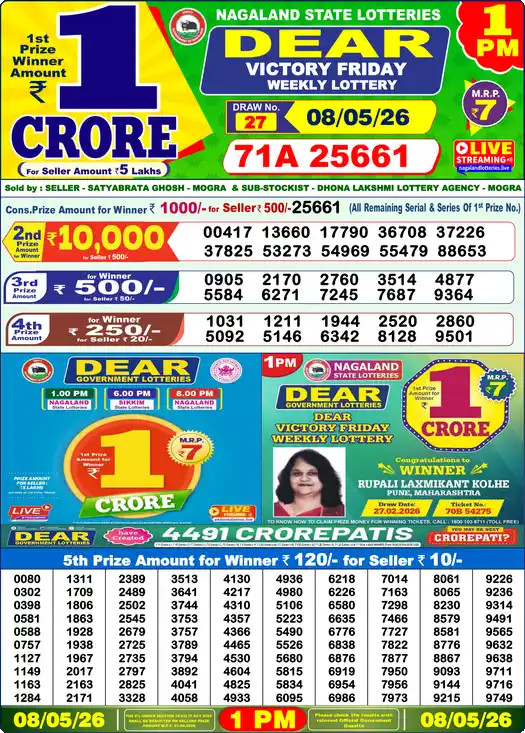 Lottery Sambad 1 PM result 08 May 2026