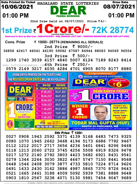 Lottery Sambad 1 PM result 08 Jul 2021