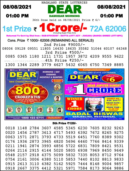 Lottery Sambad 1 PM result 08 Aug 2021