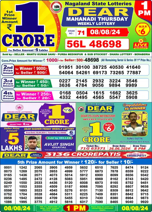 Lottery Sambad 1 PM result 08 Aug 2024