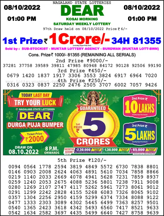 Lottery Sambad 1 PM result 08 Oct 2022
