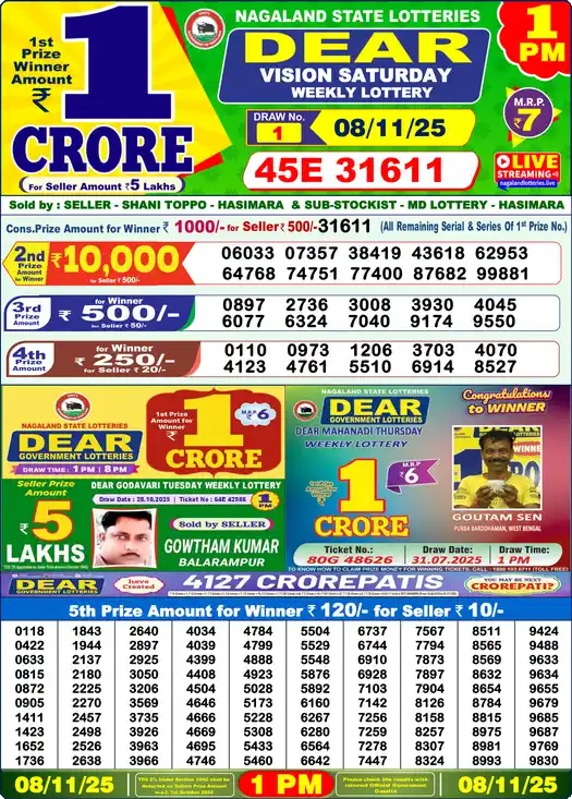 Lottery Sambad 1 PM result 08 Nov 2025