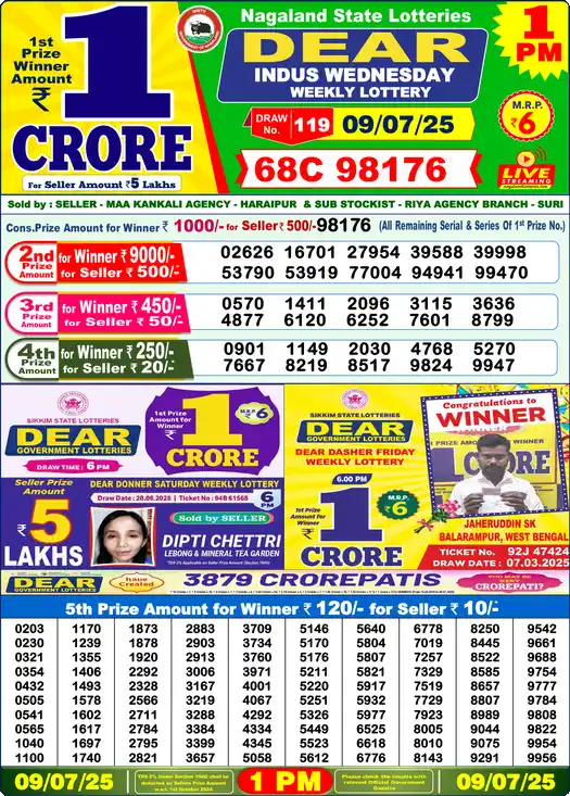 Lottery Sambad 1 PM result 09 Jul 2025