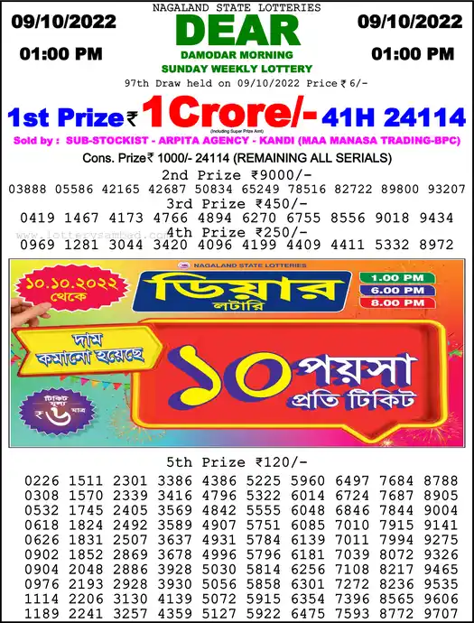 Lottery Sambad 1 PM result 09 Oct 2022