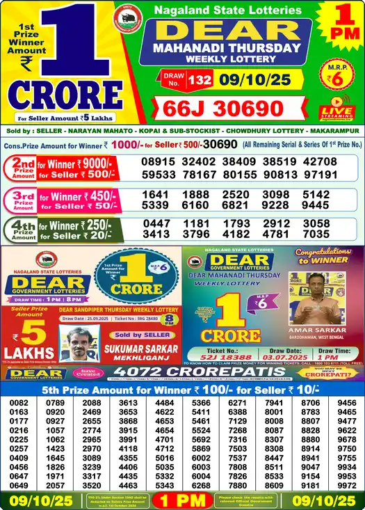 Lottery Sambad 1 PM result 09 Oct 2025
