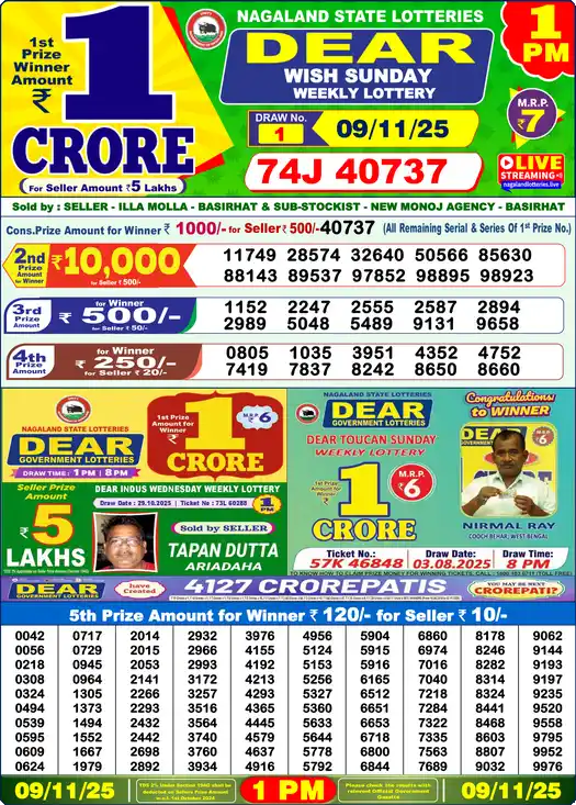 Lottery Sambad 1 PM result 09 Nov 2025