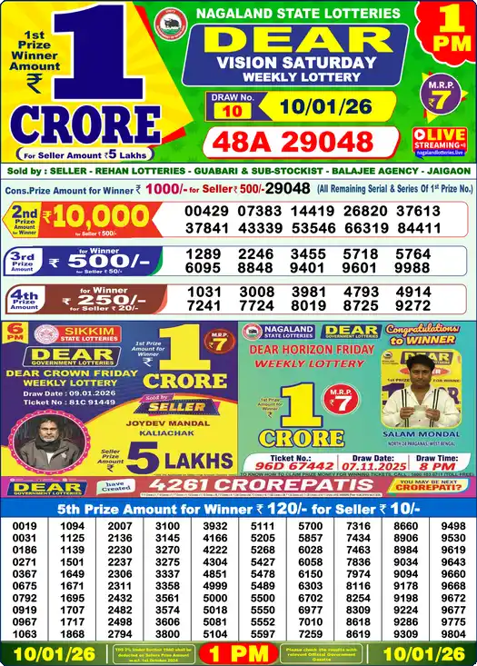 Lottery Sambad 1 PM result 10 Jan 2026