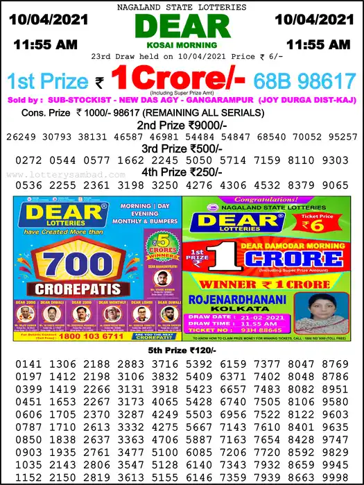 Lottery Sambad 1 PM result 10 Apr 2021