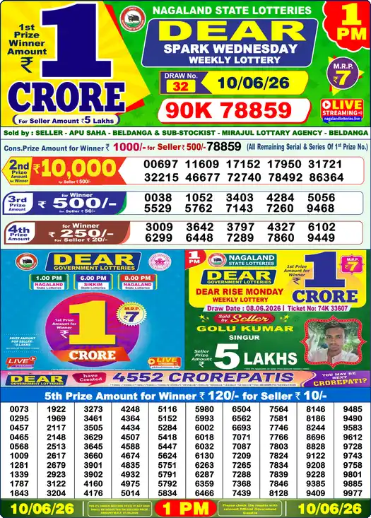 Lottery Sambad 1 PM result 10 Jun 2026