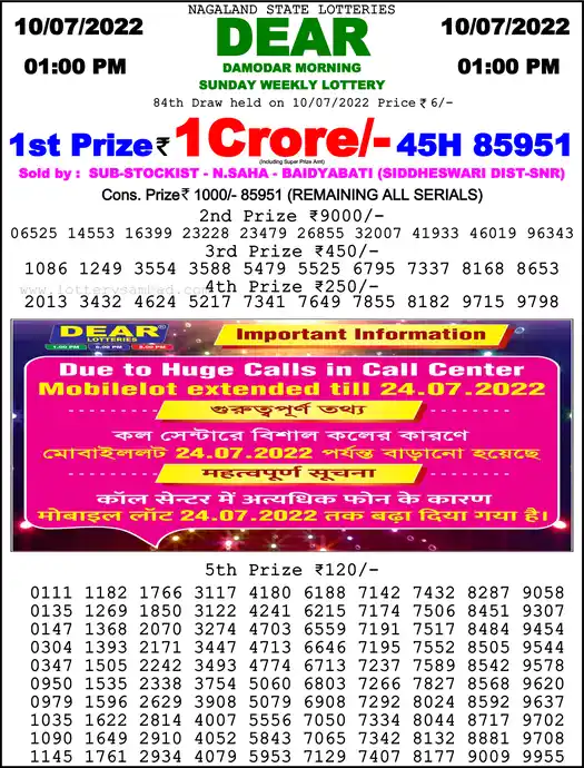Lottery Sambad 1 PM result 10 Jul 2022