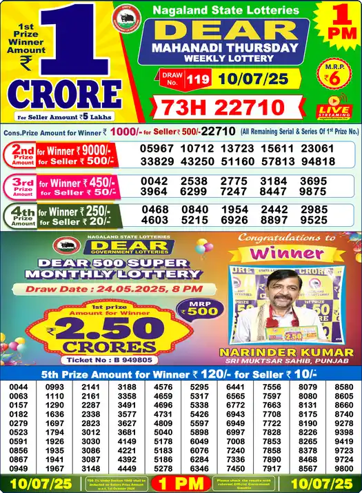 Lottery Sambad 1 PM result 10 Jul 2025