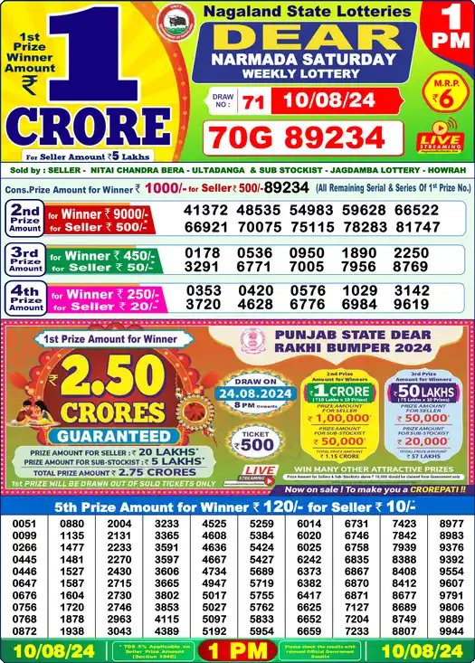 Lottery Sambad 1 PM result 10 Aug 2024