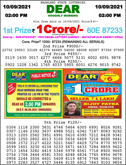 Lottery Sambad 1 PM result 10 Sep 2021