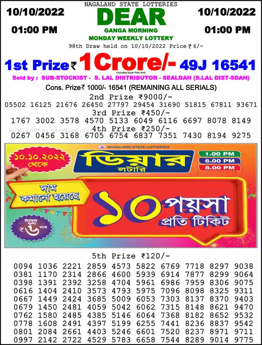 Lottery Sambad 1 PM result 10 Oct 2022