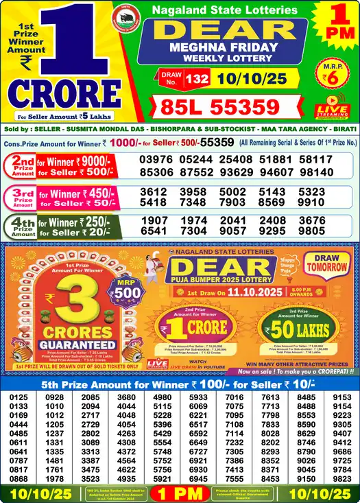 Lottery Sambad 1 PM result 10 Oct 2025