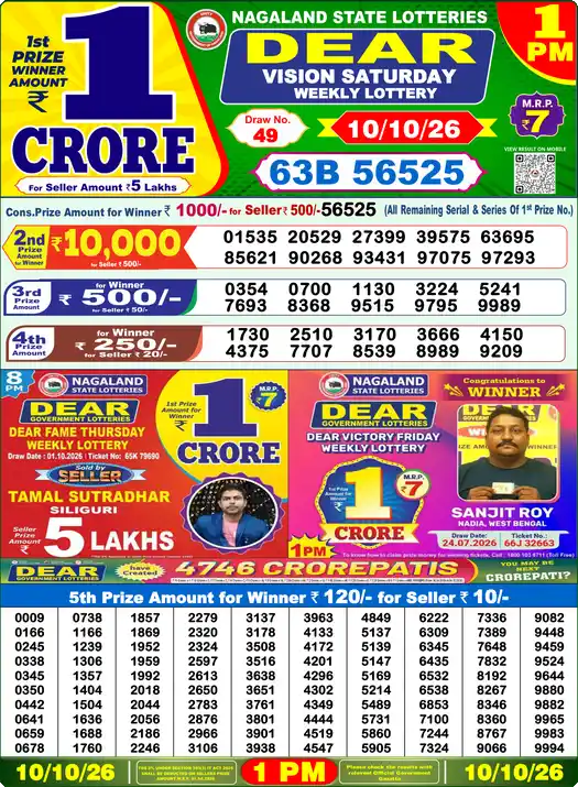 Lottery Sambad Result 1 PM 10 Oct 2026